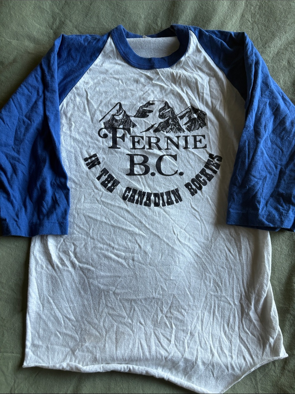 Vintage 80s Fernie B.C. Raglan Baseball Tee - White & Blue